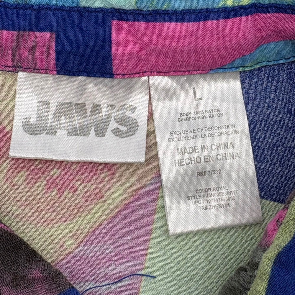 Jaws Movie Shark Print Button Front Camp Shirt Blue Pink Mens LG Novelty Retro - Picture 5 of 9